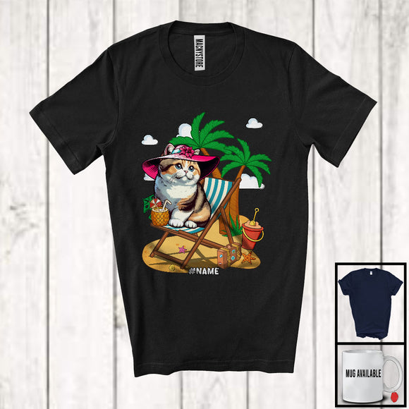 MacnyStore - Personalized Custom Name Munchkin Cat On Beach, Lovely Summer Vacation Kitten Palm Tree T-Shirt