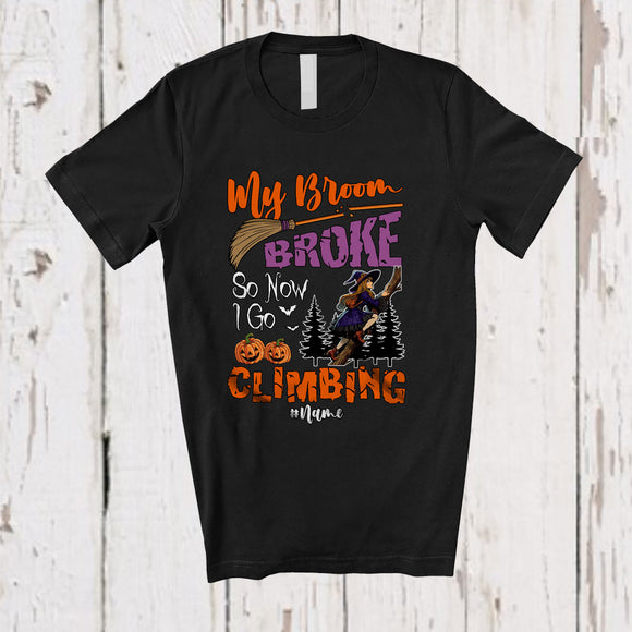 MacnyStore - Personalized Custom Name My Broom Broke I Go Climbing; Joyful Halloween Witch Family T-Shirt