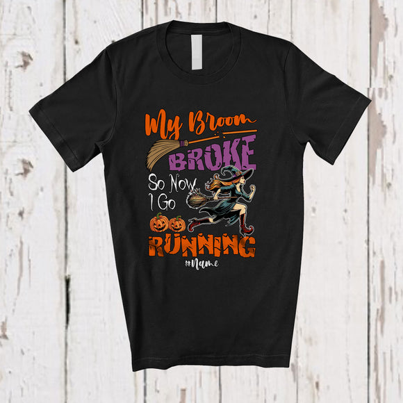 MacnyStore - Personalized Custom Name My Broom Broke I Go Running; Joyful Halloween Witch Family T-Shirt
