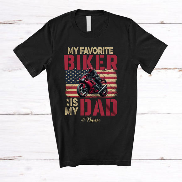 MacnyStore - Personalized Custom Name My Favorite Biker Is My Dad; Proud Father's Day Biker; US Flag T-Shirt