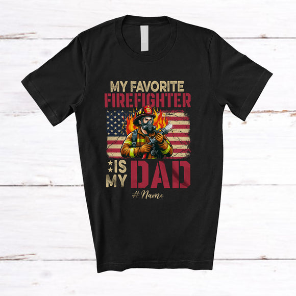 MacnyStore - Personalized Custom Name My Favorite Firefighter Is My Dad; Proud Father's Day Firefighter; US Flag T-Shirt