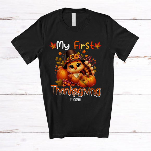 MacnyStore - Personalized Custom Name My First Thanksgiving; Lovely Pumpkins Turkey Pilgrim; Fall Leaves T-Shirt