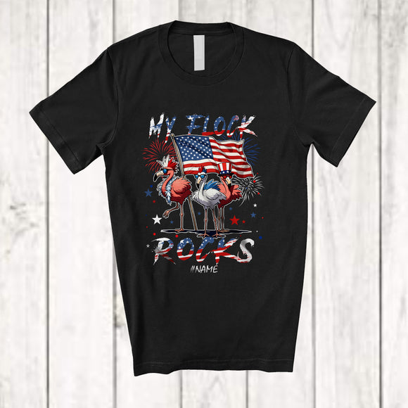 MacnyStore - Personalized Custom Name My Flock Rocks; Awesome 4th Of July Three Patriotic US Flag Flamingo T-Shirt