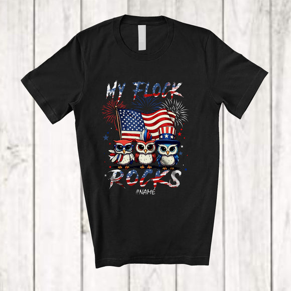 MacnyStore - Personalized Custom Name My Flock Rocks; Awesome 4th Of July Three Patriotic US Flag Owl T-Shirt