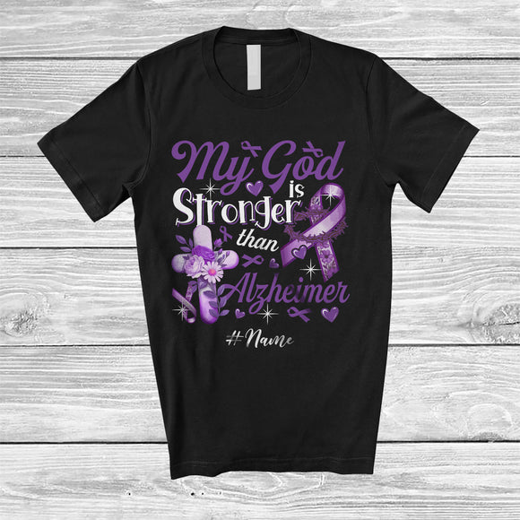 MacnyStore - Personalized Custom Name My God Is Stronger Than Alzheimer; Proud Awareness Purple Ribbon T-Shirt