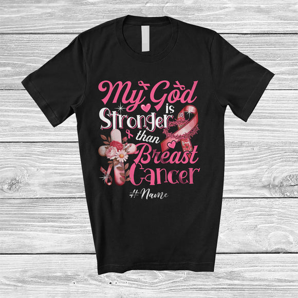 MacnyStore - Personalized Custom Name My God Is Stronger Than Breast Cancer; Proud Awareness Pink Ribbon T-Shirt