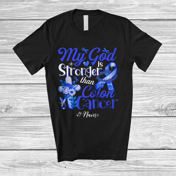 MacnyStore - Personalized Custom Name My God Is Stronger Than Colon Cancer; Proud Awareness Blue Ribbon T-Shirt