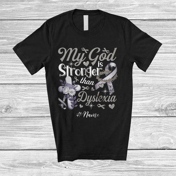 MacnyStore - Personalized Custom Name My God Is Stronger Than Dyslexia; Proud Awareness Silver Ribbon T-Shirt