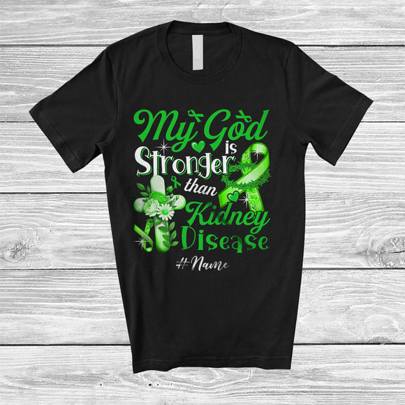 MacnyStore - Personalized Custom Name My God Is Stronger Than Kidney Disease; Proud Awareness Green Ribbon T-Shirt