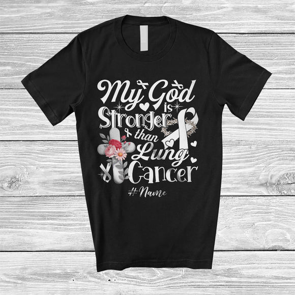 MacnyStore - Personalized Custom Name My God Is Stronger Than Lung Cancer; Proud Awareness White Ribbon T-Shirt