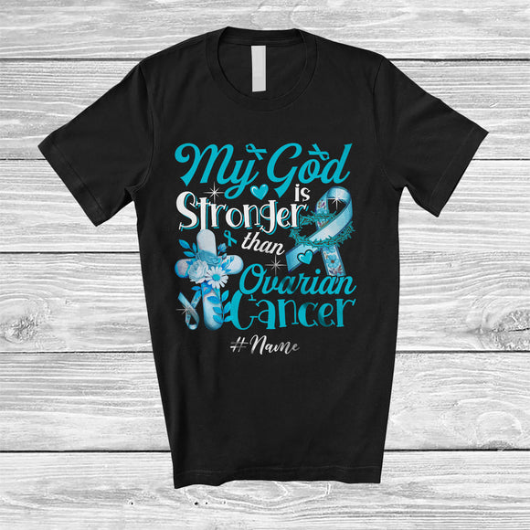 MacnyStore - Personalized Custom Name My God Is Stronger Than Ovarian Cancer; Proud Awareness Teal Ribbon T-Shirt