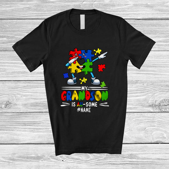 MacnyStore - Personalized Custom Name My Grandson Is Au-some; Joyful Autism Awareness Puzzle Dabbing T-Shirt