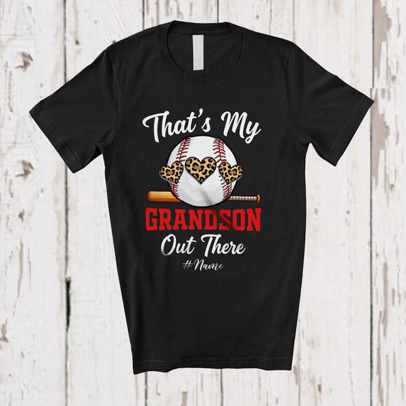 MacnyStore - Personalized Custom Name My Grandson Out There; Proud Father's Day Leopard Heart Baseball T-Shirt