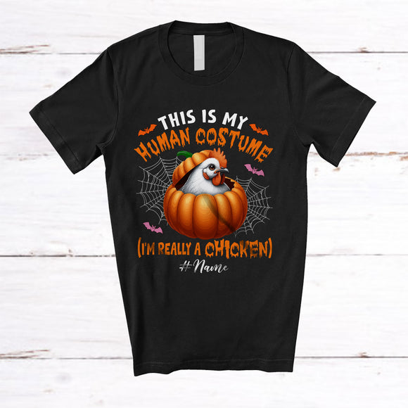 MacnyStore - Personalized Custom Name My Human Costume Chicken; Lovely Halloween Pumpkin Farm Farmer T-Shirt