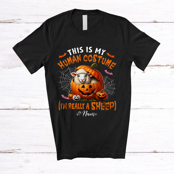 MacnyStore - Personalized Custom Name My Human Costume Sheep; Lovely Halloween Pumpkin Farm Farmer T-Shirt