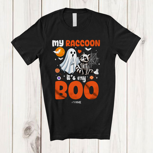 MacnyStore - Personalized Custom Name My Raccoon It's My Boo; Humorous Halloween Raccoon Ghost Skeleton T-Shirt
