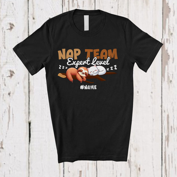 MacnyStore - Personalized Custom Name Nap Team Expert Level; Lovely Kawaii Cat And Sloth Sleeping T-Shirt