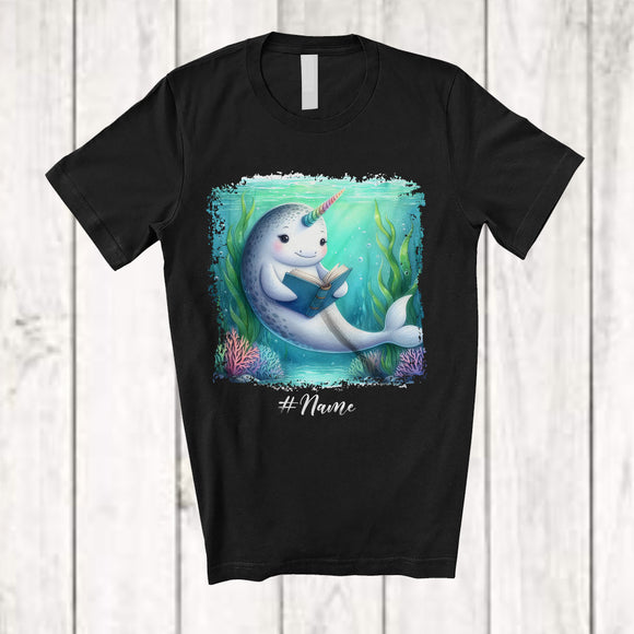 MacnyStore - Personalized Custom Name Narwhal Reading Book; Lovely Teacher Librarian Book Nerd; Sea Animal T-Shirt