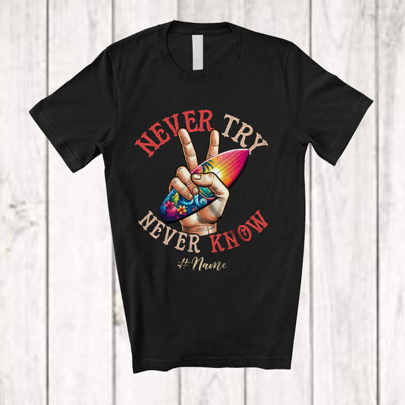 MacnyStore - Personalized Custom Name Never Try Never Know; Joyful Summer Vacation Surfer Surfing; Vintage T-Shirt