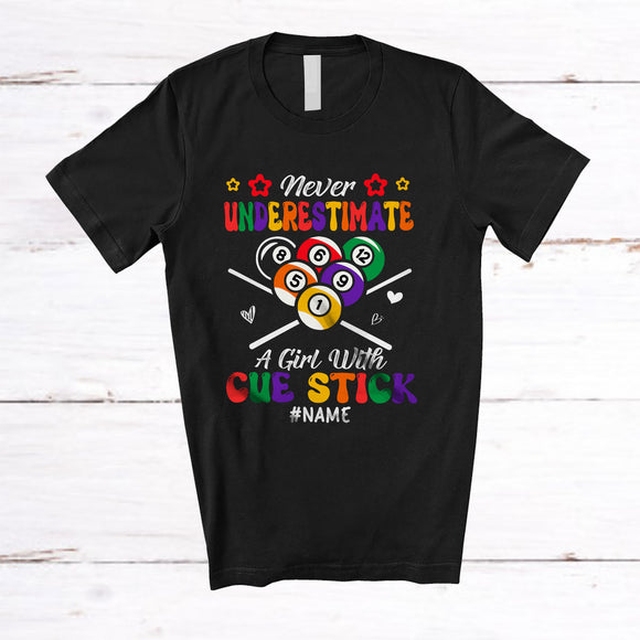 MacnyStore - Personalized Custom Name Never Underestimate A Girl With Cue Stick; Joyful Billiard Player T-Shirt