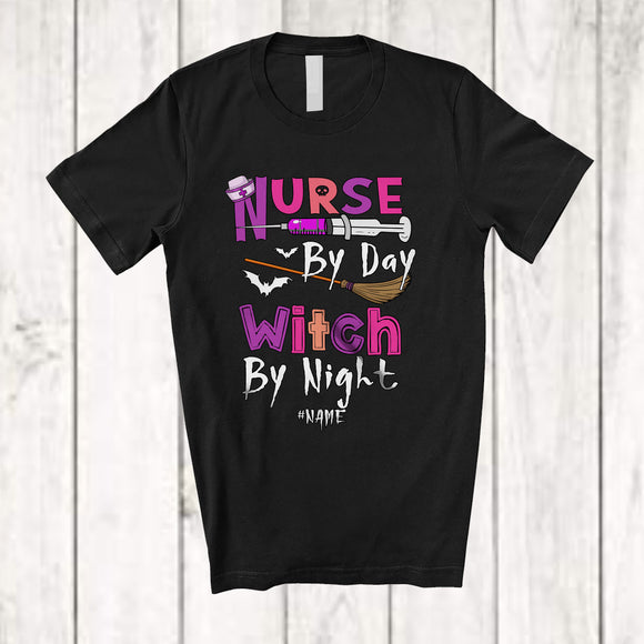 MacnyStore - Personalized Custom Name Nurse By Day Witch By Night; Scary Halloween Nursing Witch T-Shirt