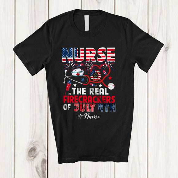 MacnyStore - Personalized Custom Name Nurse Real Firecrackers; Joyful 4th Of July Fireworks; Patriotic T-Shirt