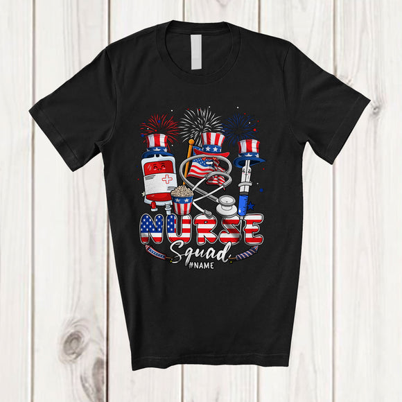 MacnyStore - Personalized Custom Name Nurse Squad; Proud 4th Of July Three Nurse Nursing Tools; Patriotic T-Shirt