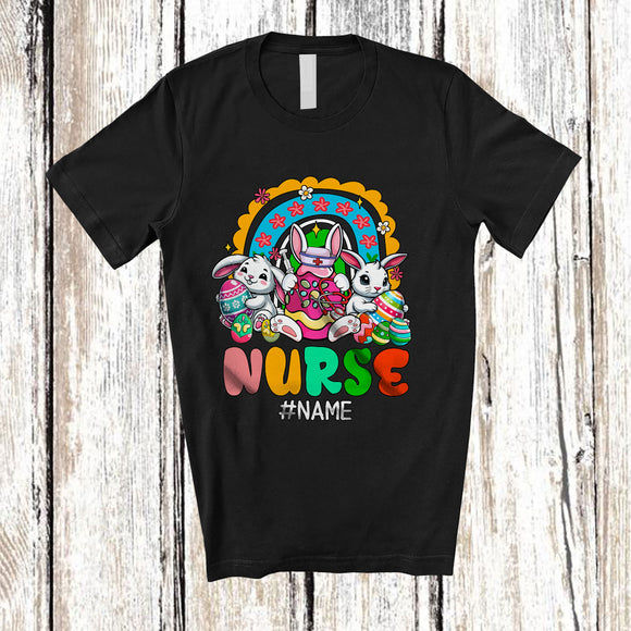 MacnyStore - Personalized Custom Name Nurse; Adorable Easter Bunnies Hunting Eggs; Rainbow Family T-Shirt