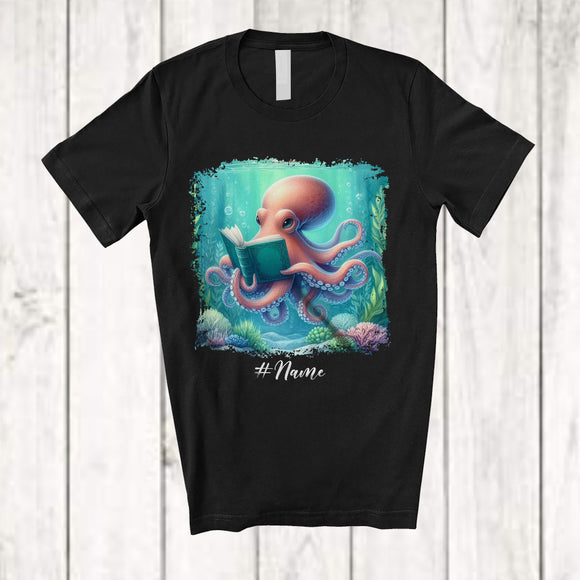 MacnyStore - Personalized Custom Name Octopus Reading Book; Lovely Teacher Librarian Book Nerd; Sea Animal T-Shirt