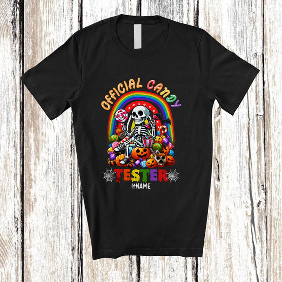 MacnyStore - Personalized Custom Name Official Candy Tester; Creepy Halloween Sweet Skeleton Rainbow T-Shirt
