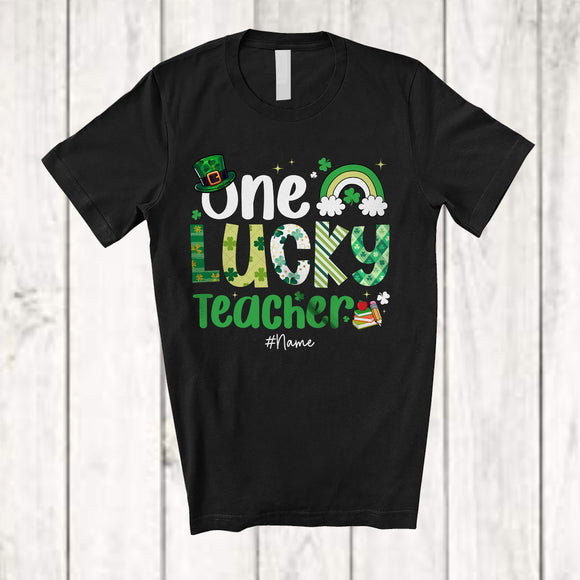 MacnyStore - Personalized Custom Name One Lucky Teacher; Lovely St. Patrick's Day Shamrock Rainbow T-Shirt