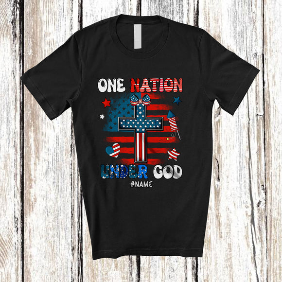 MacnyStore - Personalized Custom Name One Nation Under God; Proud 4th Of July Groovy US Flag Cross Patriotic T-Shirt