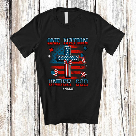 MacnyStore - Personalized Custom Name One Nation Under God; Proud 4th Of July US Flag Cross Patriotic T-Shirt