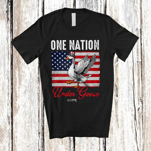 MacnyStore - Personalized Custom Name One Nation Under Goose; Humorous 4th Of July US Flag Farmer Patriotic T-Shirt