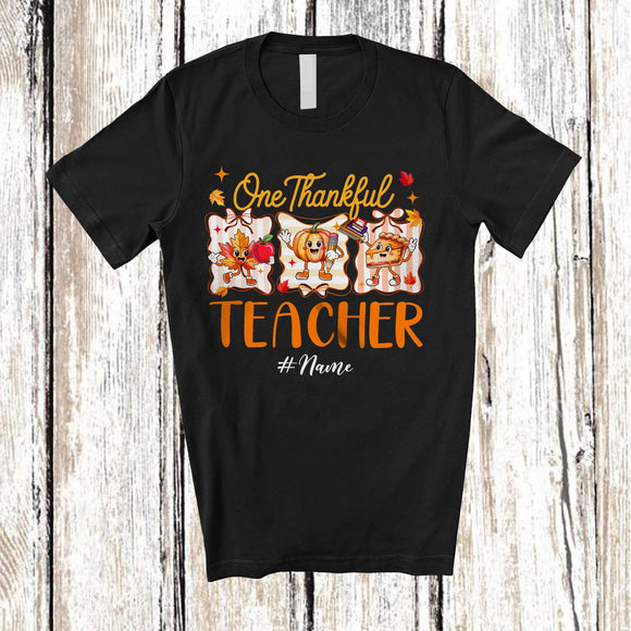 MacnyStore - Personalized Custom Name One Thankful Teacher; Lovely Thanksgiving Fall Leaf Pumpkin Pie T-Shirt
