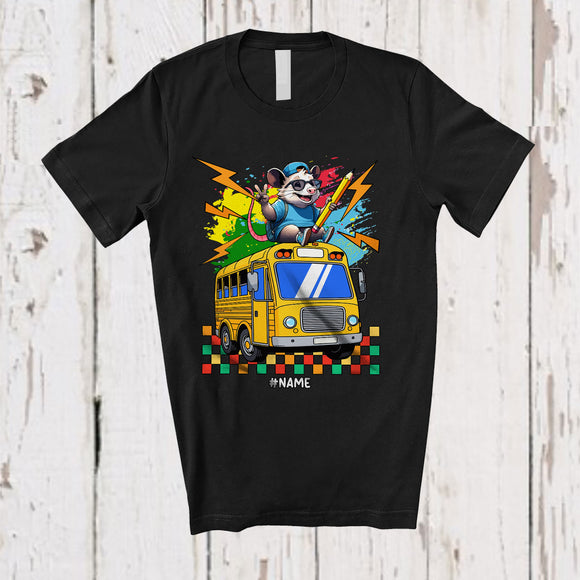 MacnyStore - Personalized Custom Name Opossum On School Bus; Amusing Back To School Bus Driver Teacher T-Shirt