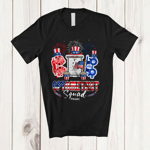 MacnyStore - Personalized Custom Name Optometrist Squad; Proud 4th Of July Three Optometrist Tools; Patriotic T-Shirt