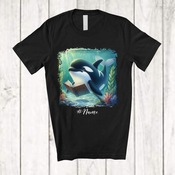 MacnyStore - Personalized Custom Name Orca Reading Book; Lovely Teacher Librarian Book Nerd; Sea Animal T-Shirt