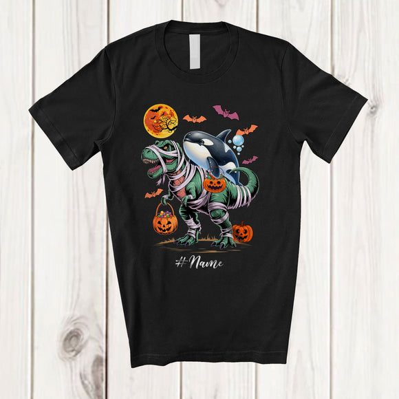 MacnyStore - Personalized Custom Name Orca Riding T-Rex Mummy; Scary Halloween Dinosaur Cosplay; Family T-Shirt