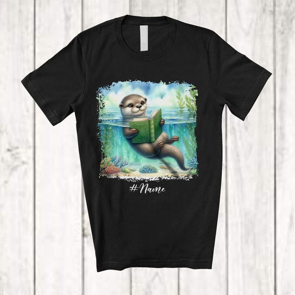 MacnyStore - Personalized Custom Name Otter Reading Book; Lovely Teacher Librarian Book Nerd; Sea Animal T-Shirt