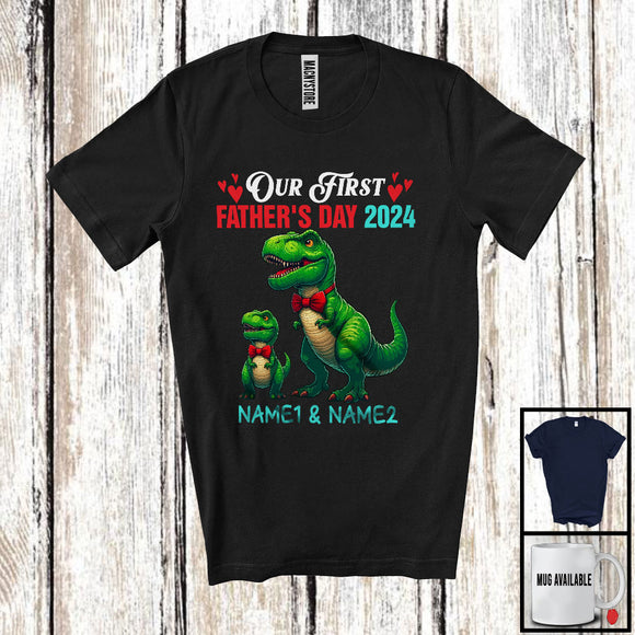 MacnyStore - Personalized Custom Name Our First Father's Day 2024, Adorable T-Rex Dinosaur, Family Group T-Shirt