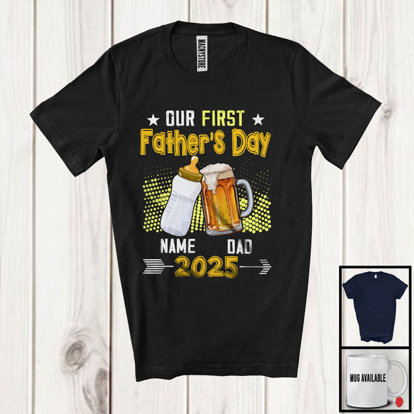 MacnyStore - Personalized Custom Name Our First Father's Day, Humorous Beer Milk Bottle 2025, Cheers Family T-Shirt