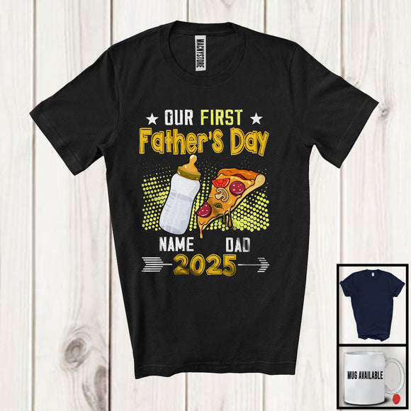MacnyStore - Personalized Custom Name Our First Father's Day, Humorous Pizza Milk Bottle 2025, Cheers Family T-Shirt