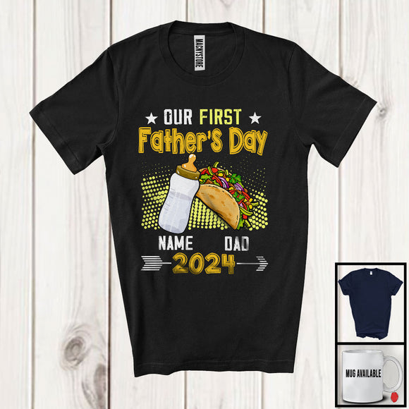 MacnyStore - Personalized Custom Name Our First Father's Day, Humorous Taco Milk Bottle 2024, Cheers Family T-Shirt