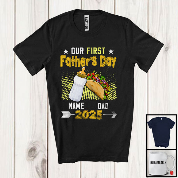 MacnyStore - Personalized Custom Name Our First Father's Day, Humorous Taco Milk Bottle 2025, Cheers Family T-Shirt