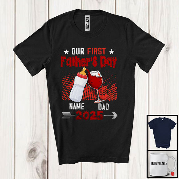 MacnyStore - Personalized Custom Name Our First Father's Day, Humorous Wine Milk Bottle 2025, Cheers Family T-Shirt