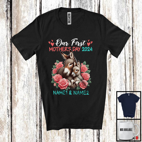 MacnyStore - Personalized Custom Name Our First Mother's Day 2024, Adorable Donkey Farmer, Family Group T-Shirt