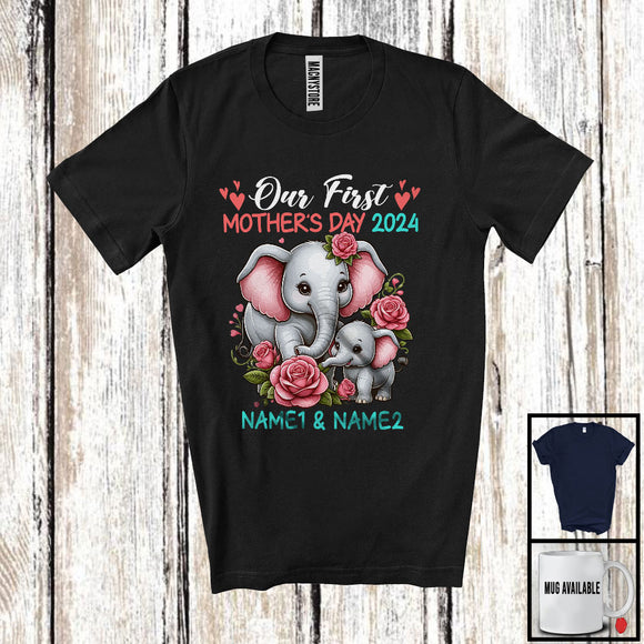 MacnyStore - Personalized Custom Name Our First Mother's Day 2024, Adorable Elephant Animal, Family Group T-Shirt