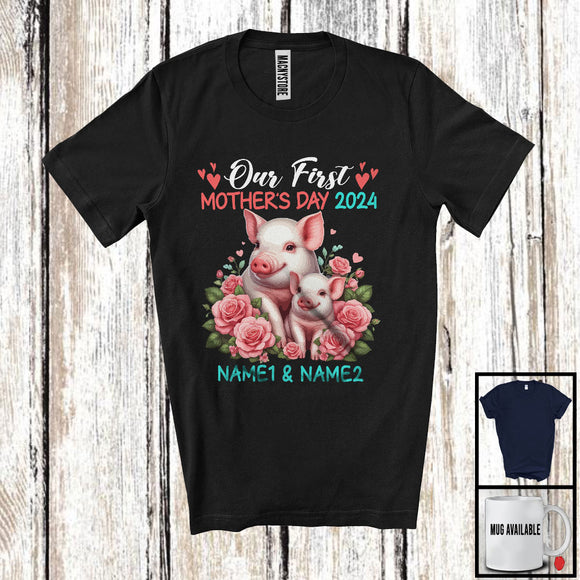 MacnyStore - Personalized Custom Name Our First Mother's Day 2024, Adorable Pig Farmer, Family Group T-Shirt