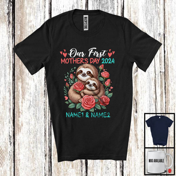 MacnyStore - Personalized Custom Name Our First Mother's Day 2024, Adorable Sloth Animal, Family Group T-Shirt